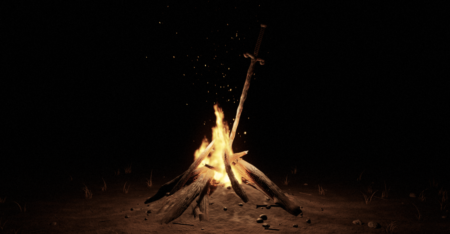 A bonfire burning in the dark, a coiled sword driven into its charred logs and sparks rising