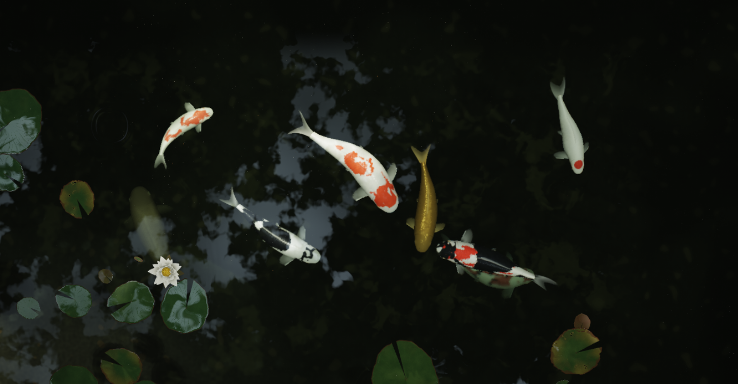 Koi of several colours gliding through dark water under lily pads, seen from above