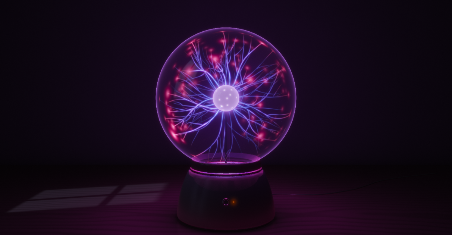 A plasma globe glowing on a walnut desk in a dark room, violet filaments running from its electrode to the glass